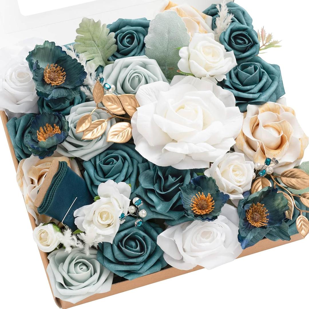 Ling's Moment Artificial Flowers Teal Glam Winter Combo for DIY Wedding Centerpieces Bouquets Combo Decorations (Grand, Grn-white & Teal)