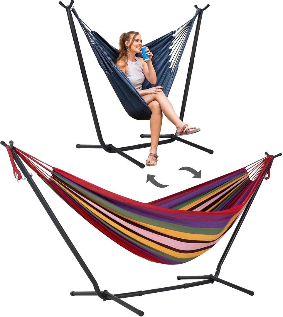 SUNCREAT 2-in-1 Convertible Backyard Fabric Hammock with Stand, Red Stripes