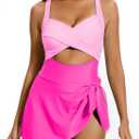 SIMIYA Women One Piece Swimsuit,Sexy V Neck Bathing Suit Dress,Cutout High Waist Tummy Control Swimwear with Cute Tie Knot (Large, 1pcs-pink)