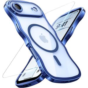for iPhone Air Case: [Cute Wave Frame][Fit for MagSafe] Military Drop Shockproof Protection, Camera Protective, Glossy Slim Magnetic Wavy Phone Cover for Women Girls 6.5'', Clear/Blue