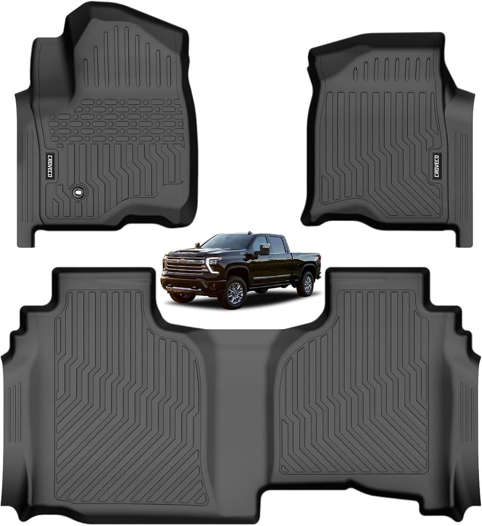 Floor Mats for 2019-2026 Chevy Silverado/GMC Sierra 1500 Double Cab & 2020-2026 Silverado/GMC Sierra 2500HD/3500HD Double Cab(Fit Rear Underseat Storage), TPE Floor Liners, 3pcs Black
