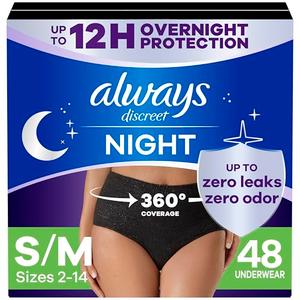 Always Discreet Adult Incontinence Overnight Underwear for Women, Small/Medium, Up to 100% Bladder Leak Protection, 16 S/M