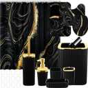 Patelai 10 Pcs Black Marble Bathroom Accessories Set Black and Gold Shower Curtain and Rugs Modern Marble Farmhouse Bathroom Decor Trash Can Soap Dish Toilet Lid Cover Toothbrush Holder Cup for Home