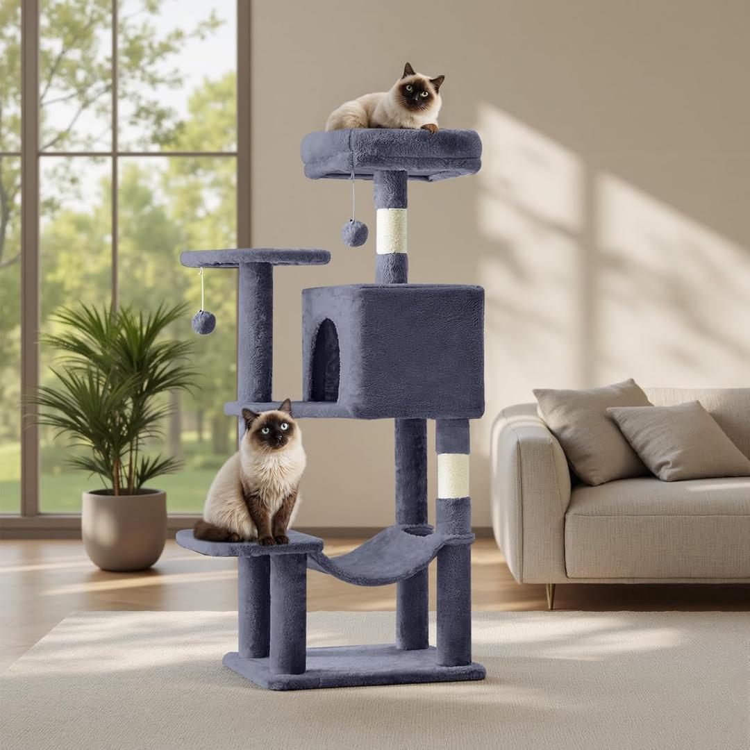 Cat Tree Tower 44 Inch, Small Cat Tower with Condo, Hammock, Sisal Scratching Posts, Extended Perch, Pet Play House for Indoor Kittens and Cats, Grey