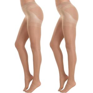 MANZI 2 Pairs Women's Sheer Tights 40D High Waist Control Top Pantyhose Thigh High Stockings with Reinforced Toes (Large, Natural Nude)