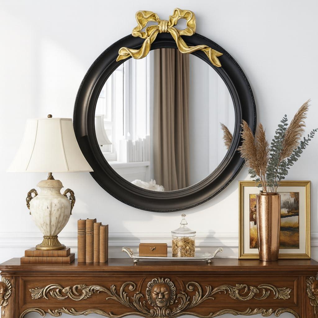 iyabat 25x25 inch Bow Antique Round Mirror for Wall, Gold & Black Decorative Wall-Mounted Circle Mirror, Perfect for Bedroom, Hallway, Living Room Dcor, and Bathroom Vanity