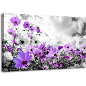 RUISHI Canvas Wall Art Modern Purple Flowers Decor Black and White Framed Galsang Floral Print Poster Hanging Artwork Ready to Hang for Bedroom Living Room Bathroom Home Office Decoration 24L x 16W