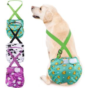 3 Pack Avont Washable Female Dog Diaper with Suspender, Reusable Girl Doggie Diapers for Large Doggy in Heat Cycle Period Incontinence (Green/White/Purple)