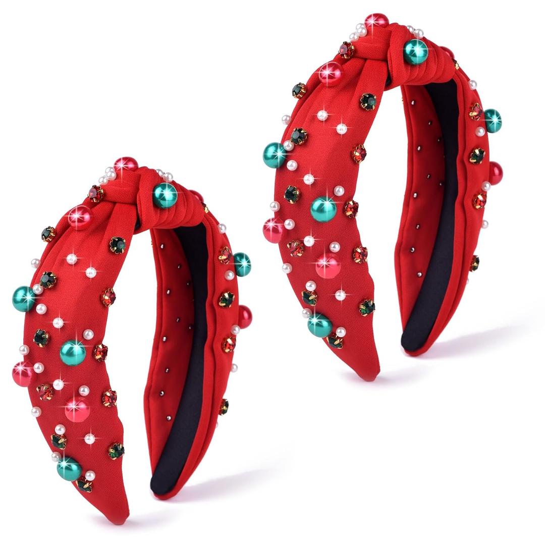 2Pcs Christmas Headband Red Pearl Rhinestone Beaded Hairband Xmas Wide Knot Hair Hoop Holiday Festival Gift for Women
