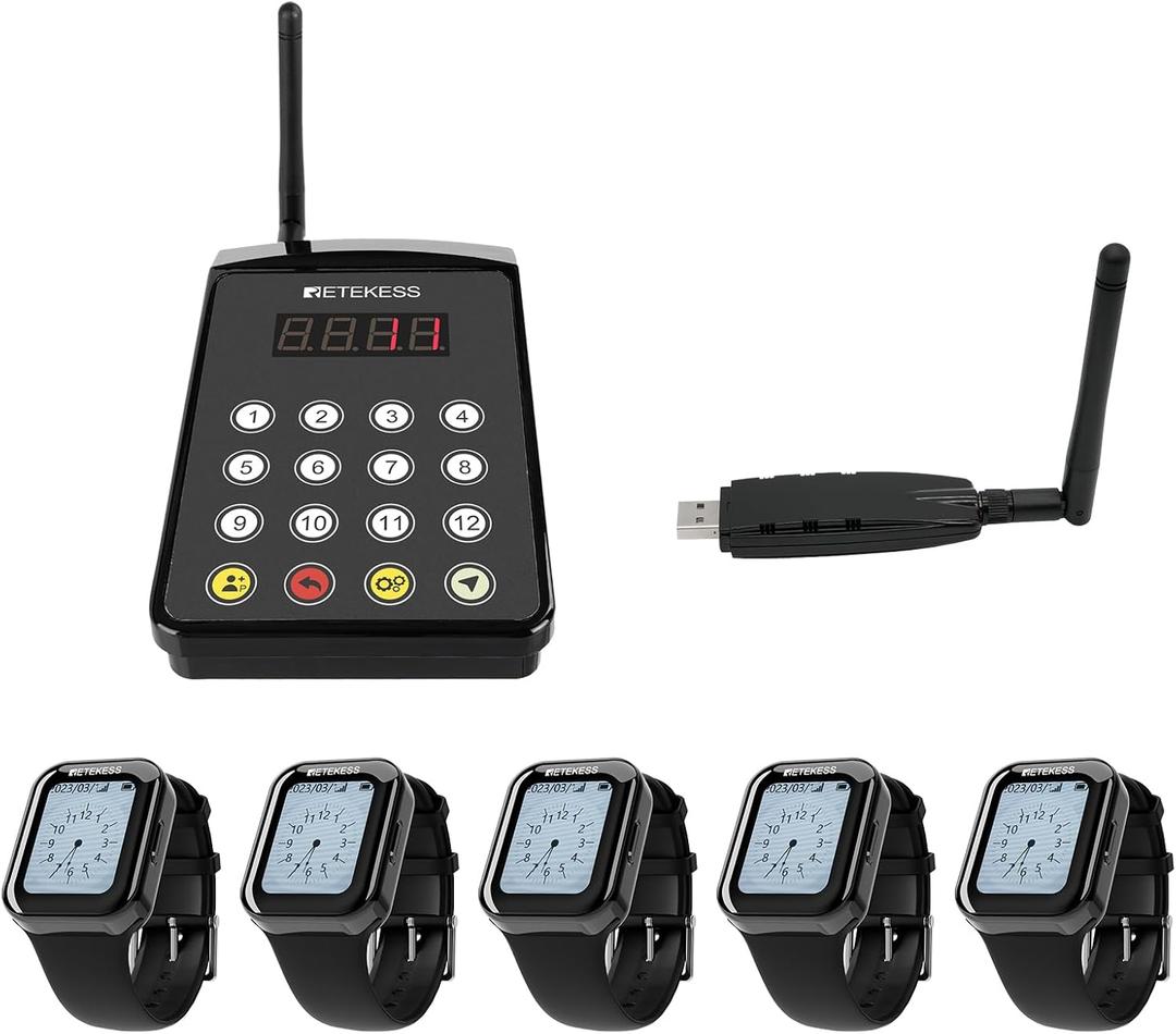 Retekess TD113 Waitress Pager System, Restaurant Pagers for Servers, Magnetic Charging, 262ft, Touch Screen, 1 USB 5 Watch Receivers for Hotel, Kitchen, Chef