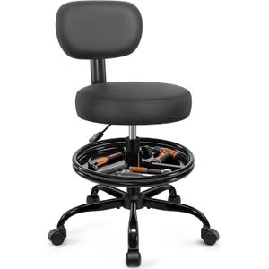 Shop Stool with Wheels for Garage, Mechanics Rolling Chair with Backrest, Adjustable Height Heavy Duty Garage Stool with Footrest and Storage Tray, Swivel Task Chair for Workshop Kitchen Salon (Matte Black)