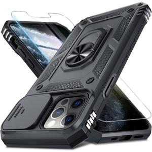 Janmitta Case for iPhone 14 Pro Max Phone Cover Built in Slide Camera Lens Cover+Screen Protector,Heavy Duty Shockproof Full Body PhoneCase with Finger Ring Holder Kickstand,Black