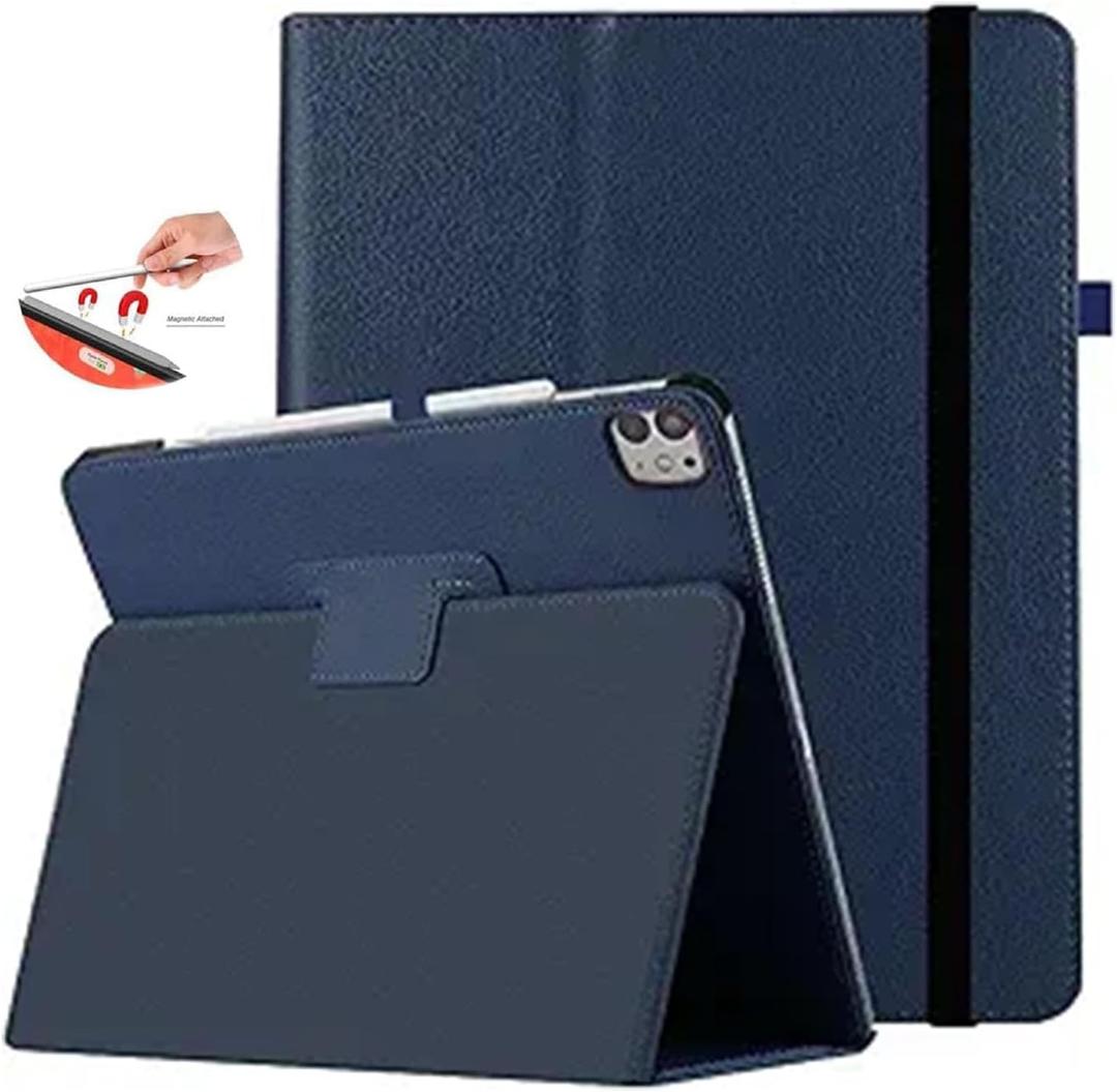 Case for iPad Pro 11 inch 2024 M4(5th Generation) with Pencil Holder & Right Magnetic Attachment Pencil Charging,PU Leather Bifold Stand Tablet Cover with Auto Sleep/Wake,Dark Blue
