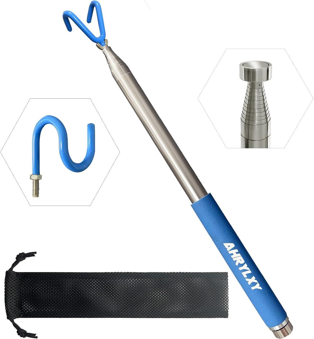 Telescoping Pickup Tool Magnetic Pole with 3 Hooks, 10 FT Telescopic Push Pull Rod Wire Reacher Grabber Disc Golf Retriever, Disc Golf Accessories