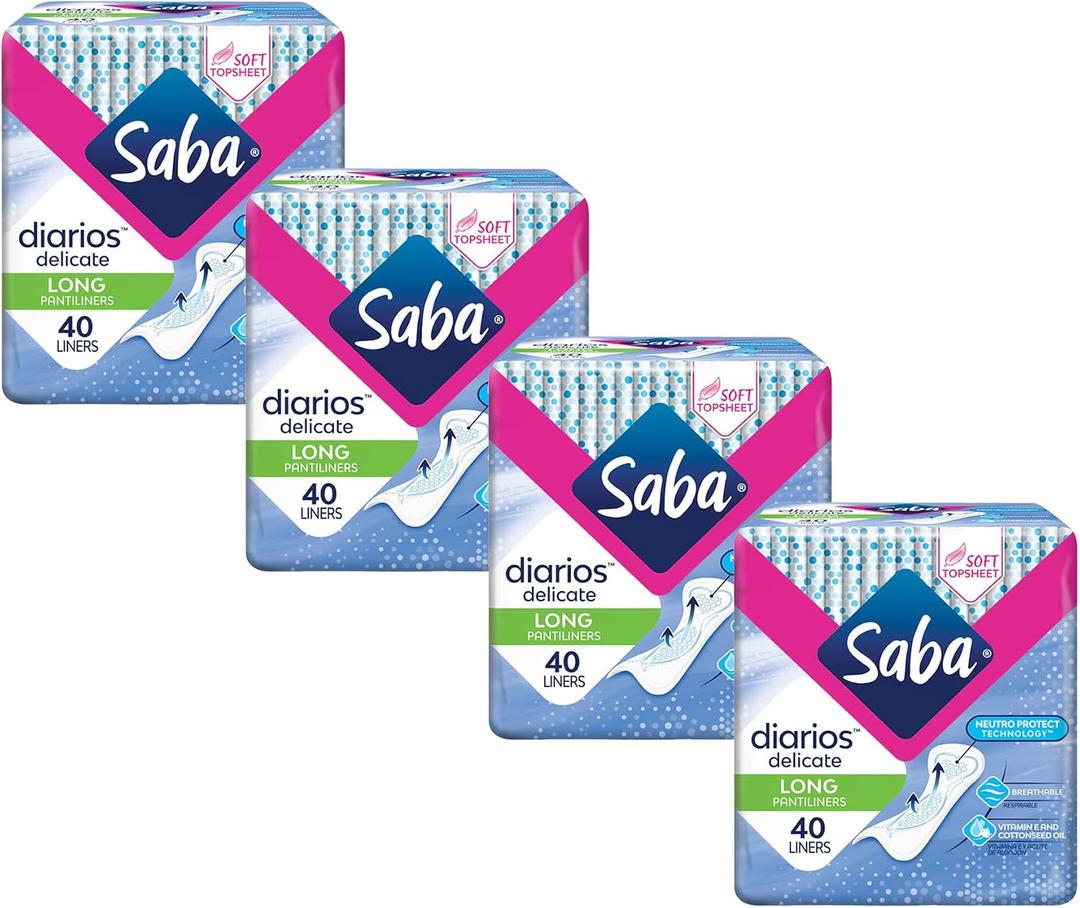 SABA Diarios Long Delicate Pantiliners, Unscented, Breathable & Comfortable for Everyday Freshness, 4-Pack of 40 Pads (160 Count)