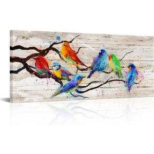 sechars Colorful Birds Canvas Wall Art Birds on Tree Branches Painting Prints Rustic Farmhouse Countryside Living Room Kitchen Decor 20"X48"