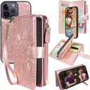 Harryshell Compatible with iPhone 13 Pro Max 6.7 inch 5G 2021 Wallet Case Detachable Magnetic Cover Zipper Cash Pocket Multi Card Slots Holder Wrist Strap Lanyard Floral Flower (Rose Gold)