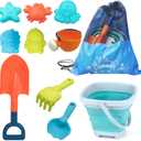Beach Toys Set for Kids -Collapsible Sand Bucket & Mesh Beach Bag and Shovels Sand Rake Toy 11Pcs Set, Animal & Dinosaur Molds, Fork, Rake & Watering Can for Toddlers Ages 3+