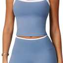 Women 2 Piece Workout Sets Padded Criss Cross Back Crop Tank High Waist Tummy Control Shorts Yoga Outfits (Small, Colorblock Blue)