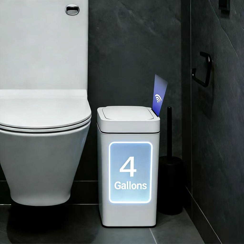 4 Gallon Smart Automatic Trash Can, Motion Sensor Touchless Garbage Can with Lid, USB Rechargeable & Waterproof Bathroom/Kitchen/Bedroom/Office Trash Bin, 10.637.1712.13 in, White