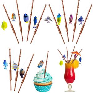 Syhood 24 Pcs Mini Fish Pole Decoration Little Fisherman Fishing Themed Party Supplies for Cake Topper Birthday Party Drink Cake Decoration (Tropical)
