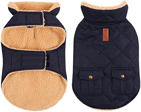 Queenmore Warm Puffer Dog Coat, Quilting Winter Jacket Ultra Thick Plush Lining with Storage Pockets (Dark Navy, Large)
