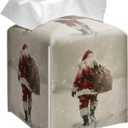 Grace Yonks Christmas Tissue Box Cover Square, Santa Walking in Snow Design Cube Case for Facial Tissues, 5.2" PU Leather. (105)