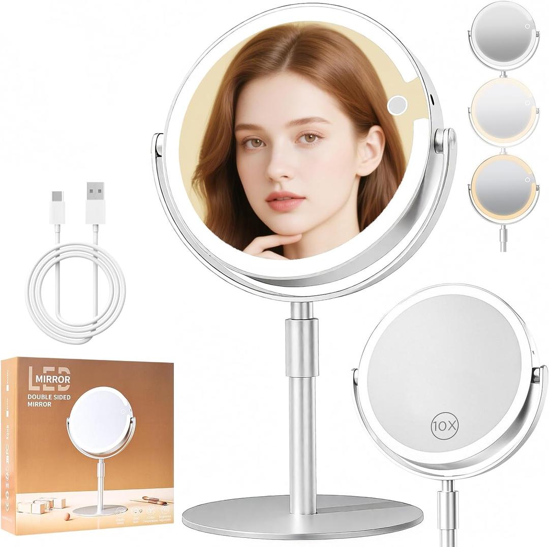 1X/10X Magnifying Makeup Mirror with Lights,USB Rechargeable 8" Dual-Sided Vanity Mirror with 3 Color Lights,360 Rotation, Adjustable Height, Travel Cosmetic Mirror for Women, Gift for Her