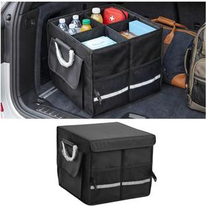 Car Trunk Organizer with Lid, Multi-Compartment Waterproof Vehicle Trunk Storage Box with Reinforced Handle, Foldable Automotive Cargo Container Organizer, Universal for Vehicles