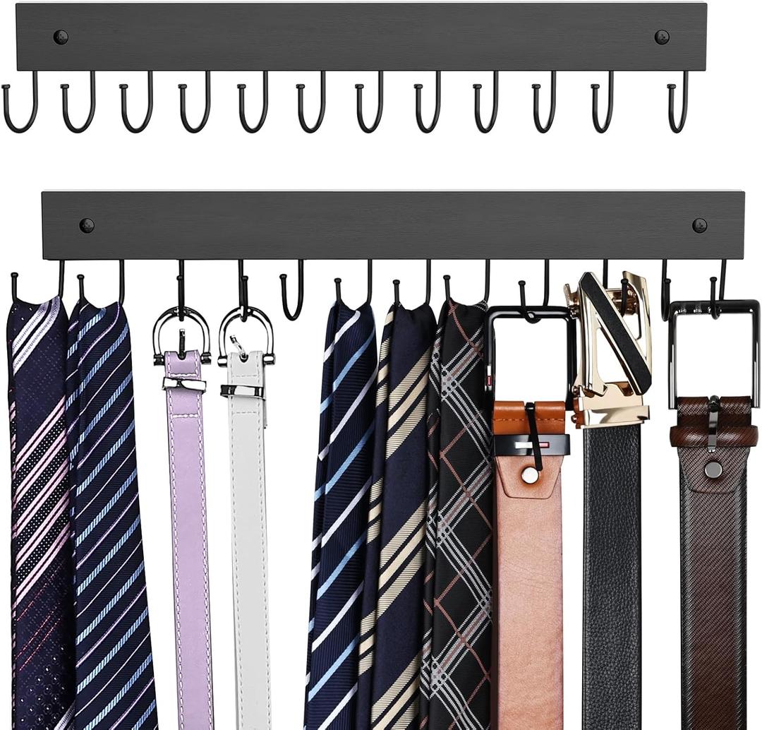 Belt Hanger Wall Mounted, Wooden Belt Organizer 2 Pack Max 24 Storage Capacity, 180 Rotating Space Saving Hangers for Ties, Tank Tops, Scarves, Bras, Keys, Bags Halloween Black