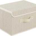 ENUMAIL Storage Boxes, Collapsible Storage Bins with Lids, Cotton and linen cloth Storage Baskets with Handle, for Books, Closet, Bedroom, Home, 13x9.1x7.9 in, Grey and Beige