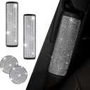 2PCS Bling Car Seat Belt Cover, Crystal Rhinestone Seatbelt Covers with 2 Coaster for Women, Universal Diamond Strap Protector for Car, Truck, SUV Interior Accessories (White)