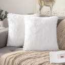 ANRODUO Pack of 2 White Throw Pillow Covers Luxury Fluffy Pillows Faux Fur Decorative Pillows Plush Cushion Case Fuzzy Mongolian Merin Style for Bed Couch Sofa Living Room Spring Decor 16x16 Inch