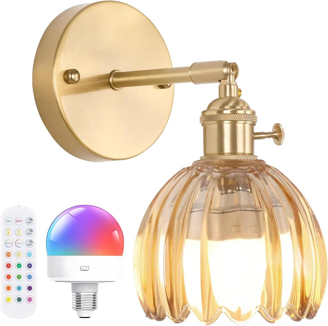 Vintage Battery Operated Wall Sconce with Cute Amber Tulip Glass Lampshade Wireless Rechargeable Battery Powered Wall Light with Remote Control for Bedside Bedroom Doorway