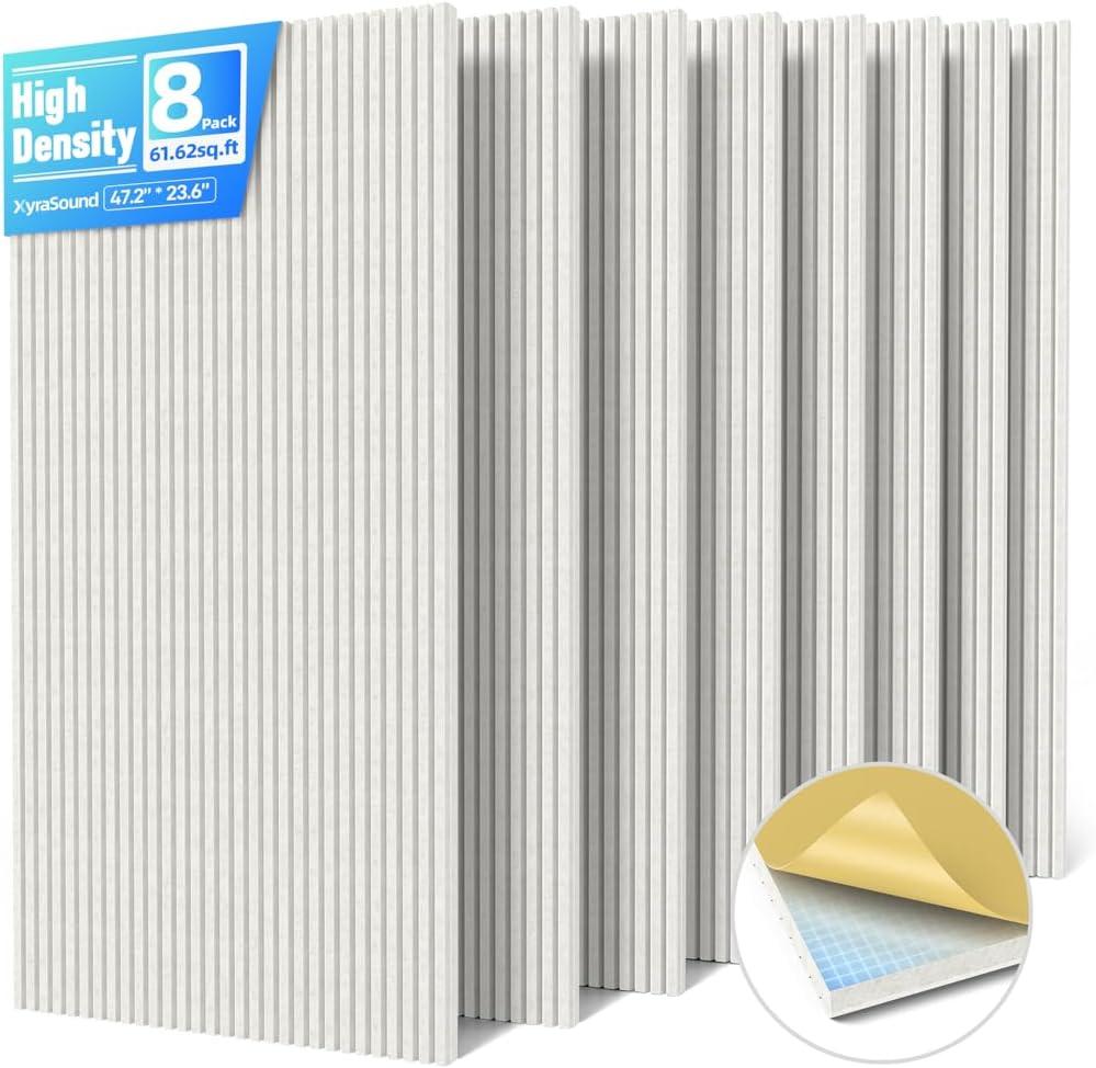8 Pack Large Acoustic Panels Sound Absorbing with Self-Adhesive, 47.2*23.6*0.36 High Density Sound Proof Foam Panels for Walls, 3D Vertical Soundproof Wall Panels for Home Studio Office Decor-Ivory