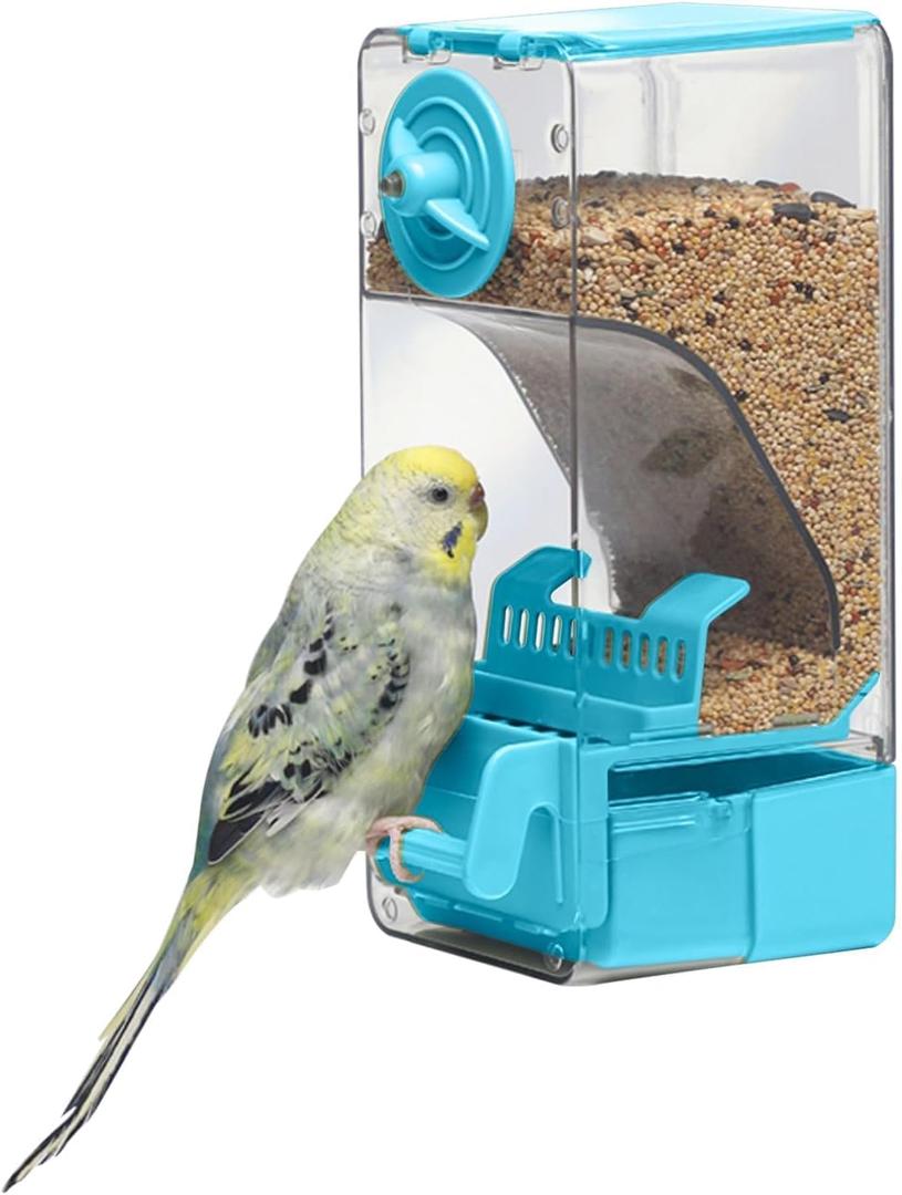 Automatic Bird Feeder, Bird Cage Feeder with Perch for Parakeet Canary Cockatiel Finch (Blue)
