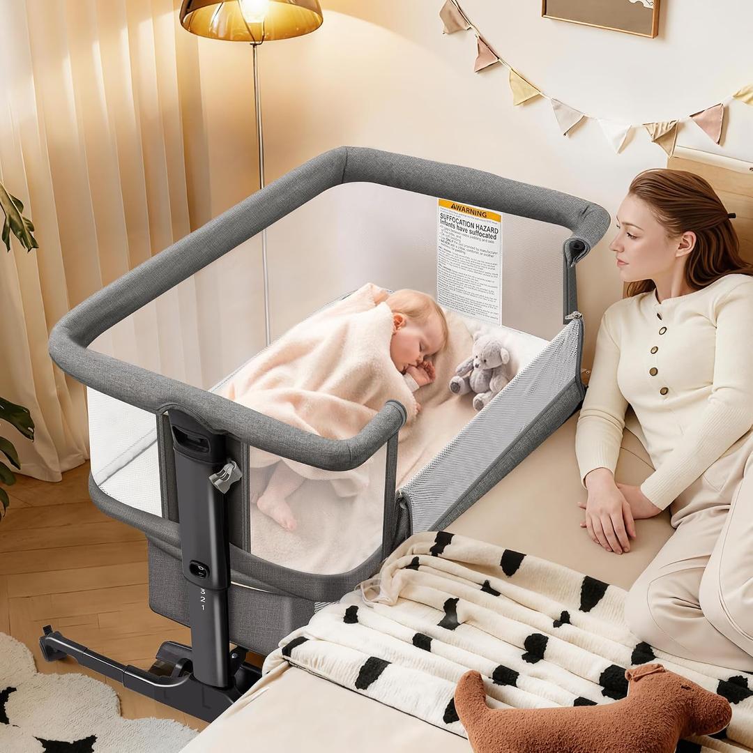 4-in-1Bedside Bassinet Sleeper, 6 Height, Mesh, Washable Mattress, Crib