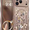 GVIEWIN for iPhone 17 Pro Case Compatible with MagSafe [Curly Wave Edge][Full Camera Protection] Floral Translucent Shockproof Magnetic Women Phone Case for iPhone 17 Pro 6.3'', Autumnflit/Brown