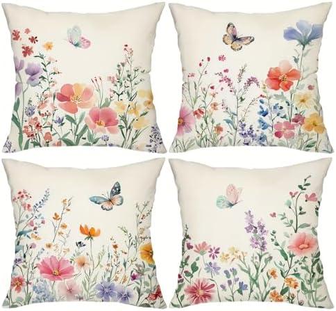 NOKOLULU 18x18 Inch Boho Throw Pillow Covers - Floral Butterfly Throw Pillows Set of 4 - Modern Decorative Couch Pillows for Sofa Bedroom, Premium Linen Cover & Machine Washable (Floral, 18"x18")