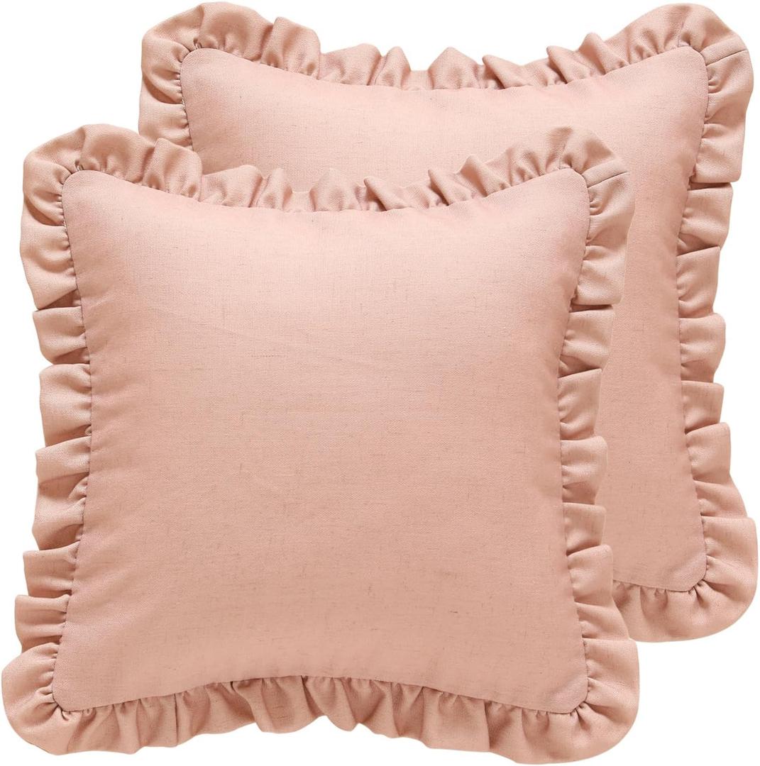 ISAENNE 2 Pcs Classic Pink Square Throw Pillow Cover 18"x18", Solid Color Cottage Linen Cotton Decor Pillow Cover with Ruffles, Sturdy Throw Pillow Case for Couch Sofa Bed Living Room