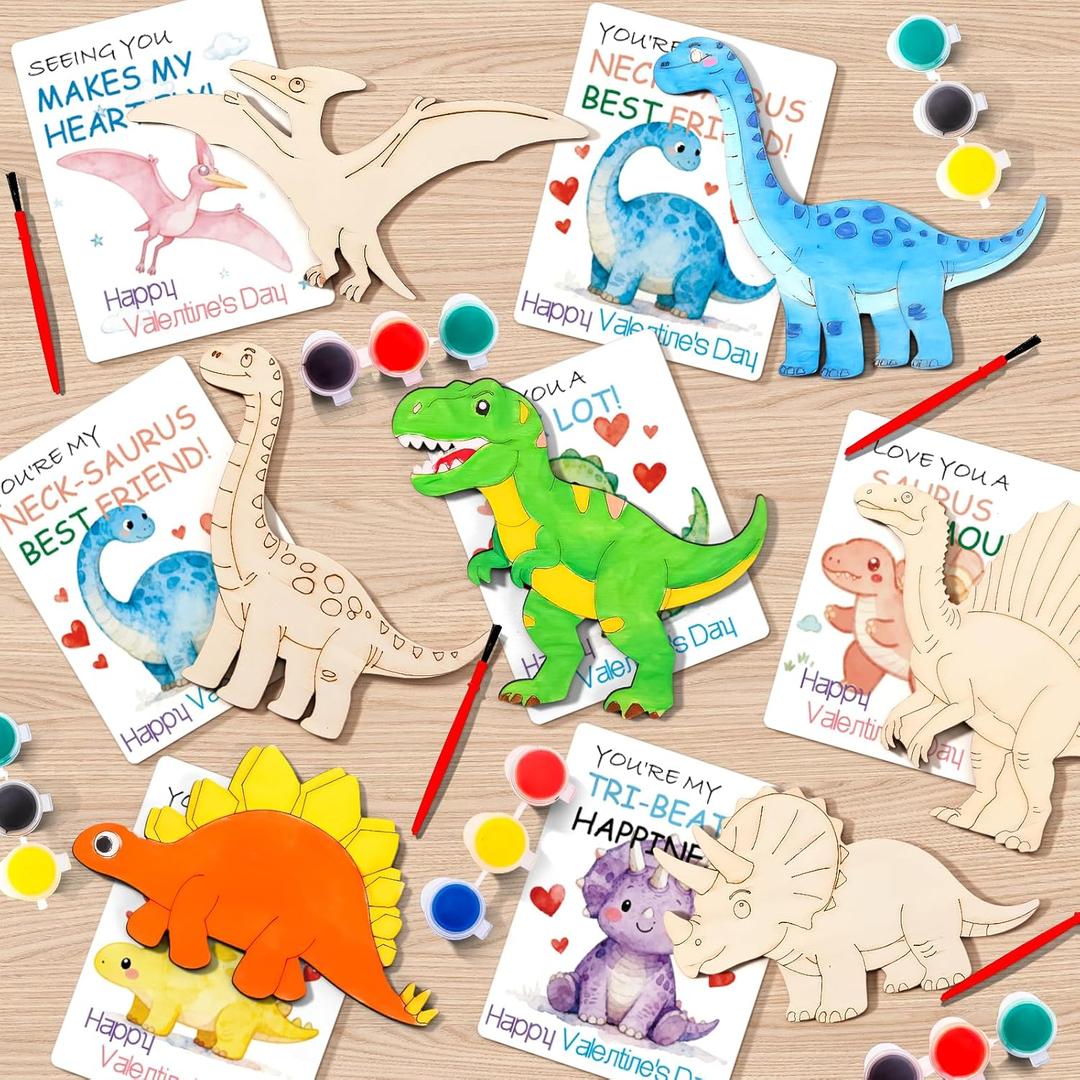 xFFFun Dinosaur Valentines Day Gifts with Cards for Kids- 28 Pack Valentines Wood Painting Craft Kits for Classroom School Exchange, Class Valentine Paint Set for Kids Party Favors Bulk Ages 4-8 8-12