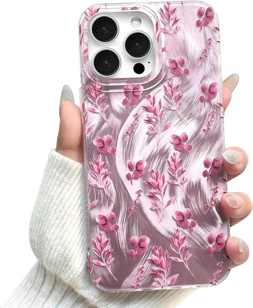 NITITOP Compatible for iPhone 12 Pro Max Case Cute Flower Floral Leave for Women Girl Glitter Shiny Feather Yarn Style Aesthetic Shockproof Hard Protective Phone Cover - Pink