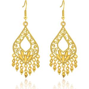 18K Gold Plated Filigree Dangle Earrings - Boho Indian Jewelry - Long Chandelier Design - Gold Plated Brass - 1.02 inches - No Gemstone