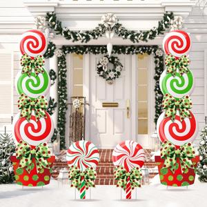 Meonum 4 Pcs Peppermint Candy Christmas Decorations Outdoor Large Christmas Yard Stakes Lime Green and Red Xmas Candy Garden Lawn Signs with Stakes and Bow for Home Pathway Walkway Party Decor(Red)