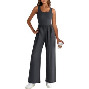 ANRABESS Jumpsuits for Women Dressy Casual Summer Sleeveless Rib Knit Wide Leg Jumper Romper One Piece Outfits with Pockets Dark Grey Medium (Gray, M)