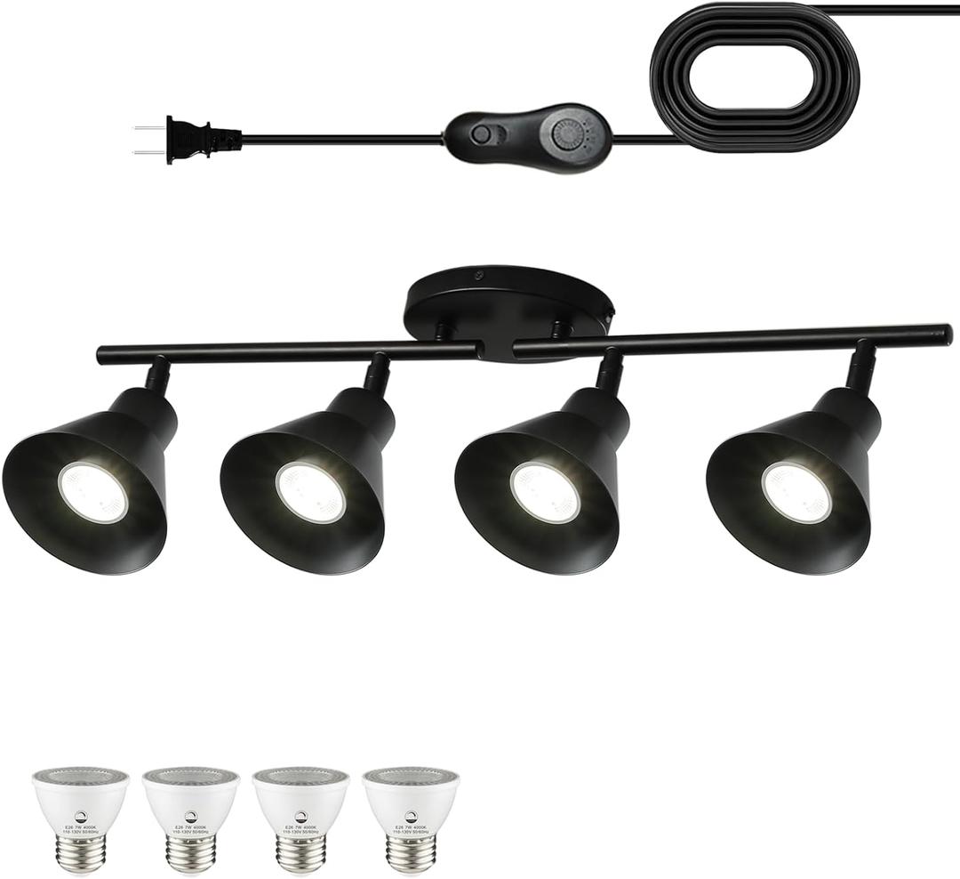 Black 4 Light Plug in Ceiling Light Fixture,Modern Plug in Track Lighting,16.4ft Cord with Timer & Dimming Switch,3 Way Ceiling Spot Lighting,Flexibly Rotatable Light HeadDimmable LED Bulbs Included