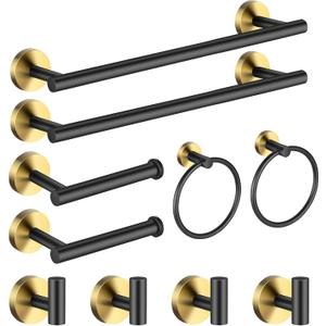 Bathroom Hardware Set Black and GoldTowel Bar Set Including 2pcs 16inch Towel Bars, 2pcs Toilet Paper Holders, 2pcs Towel Rings and 4pcs Robe Towel Hooks