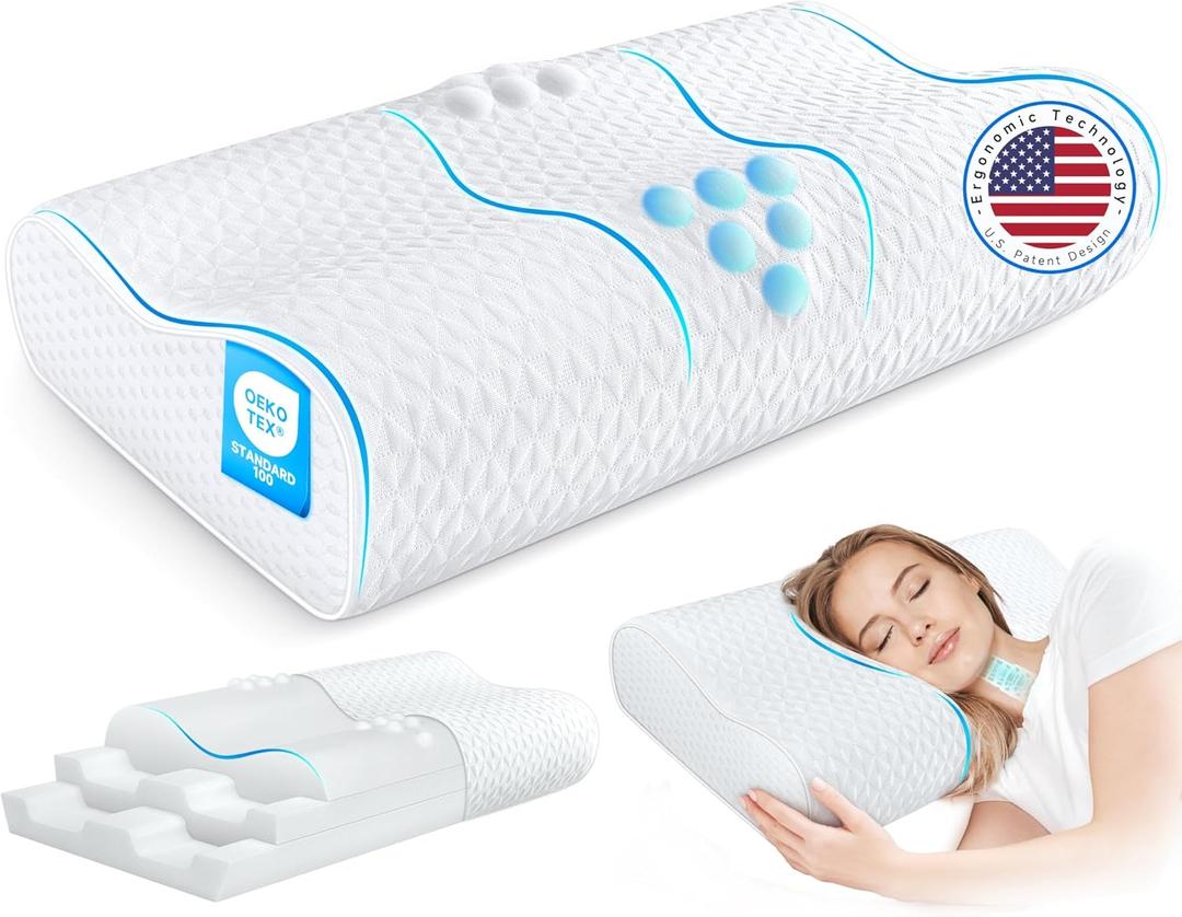 Cervical Neck Pillow for Pain Relief- Queen Size Cooling Pillow for Sleeping, Memory Foam Pillows for Neck Shoulder, Ergonomic Adjustable Contour Bed Pillow for Side, Stomach & Back Sleepers (Queen Size 23.6"L x 14.2"W, White)
