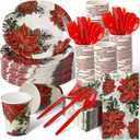 Umigy 350 Pcs Christmas Oval Paper Plate and Napkin Christmas Paper Dinnerware Set for 50 Guests Vintage Tableware Disposable Cup Knife Fork Spoon for Xmas Holiday Party Supplies(Red,Poinsettia)