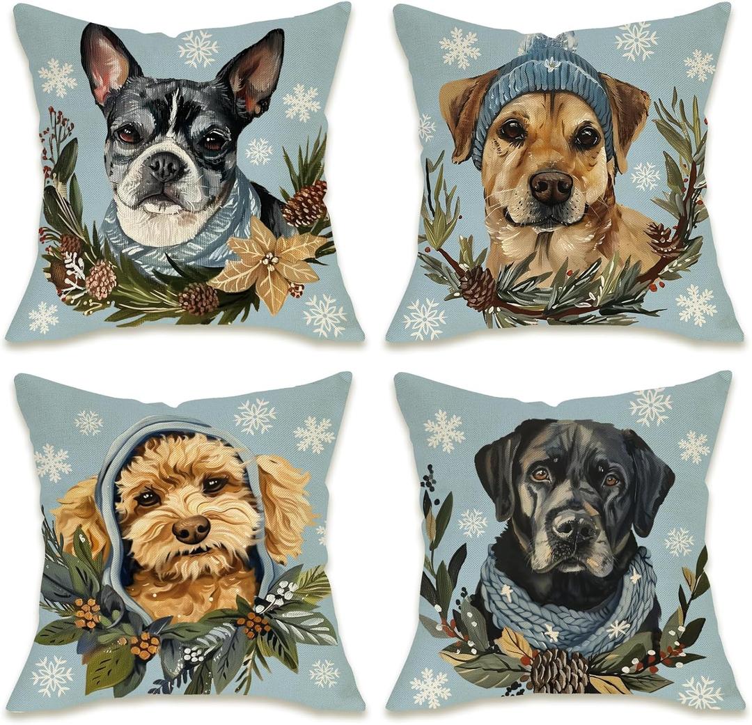 Fahrendom Winter Dogs Decorative Throw Pillow Covers 18 x 18 Set of 4, Boston Terrier Labrador Goldendoodle Porch Outdoor Pillowcase Pet Owner Lover Gifts, Christmas Sofa Couch Cushion Case Home Decor